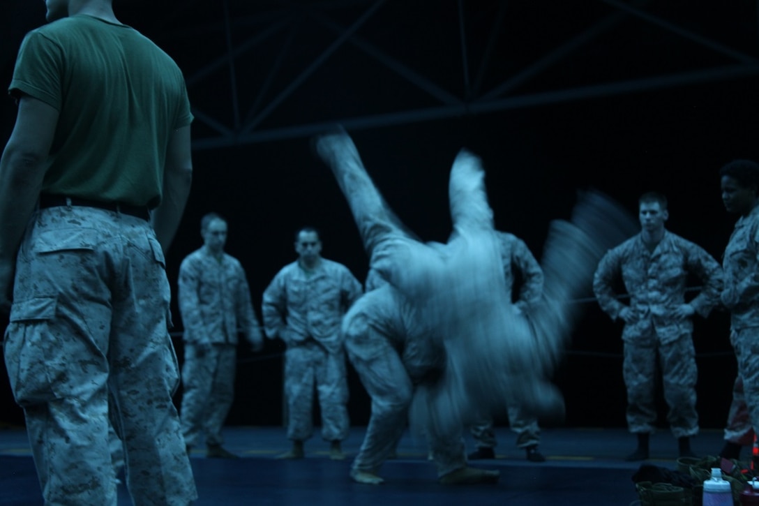 INDIAN OCEAN (July 22, 2015) A U.S. Marine with the “Greyhawks” of Marine Medium Tiltrotor Squadron 161 (Reinforced), 15th Marine Expeditionary Unit, executes a shoulder throw during a Marine Corps Martial Arts Program (MCMAP) course aboard the amphibious assault ship USS Essex (LHD 2). These Marines were practicing MCMAP techniques in order to earn their brown or black belt.  Elements of the 15th MEU, based out of Camp Pendleton, California, and embarked aboard the Essex, are conducting naval operations in the 6th Fleet area of operations in support of U.S. national security interests in Europe and Africa. (U.S. Marine Corps photo by Staff Sgt. Miguel Carrasco/Released)