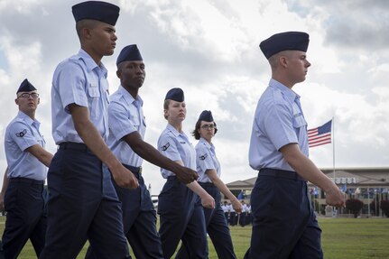 For the first time in Air Force Basic Military Training, Airmen march in integrated Heritage Flights during the Air Force Basic Training Graduation Parade July 17 at Joint Base San Antonio-Lackland. The Heritage flights, named after enlisted members in Air Force history, are part of a new initiative to completely gender integrate all facets of Air Force Basic Training and instill honor, as well as a deep understanding of the core values and appreciation for Airmen who paved the way for today’s Air Force.