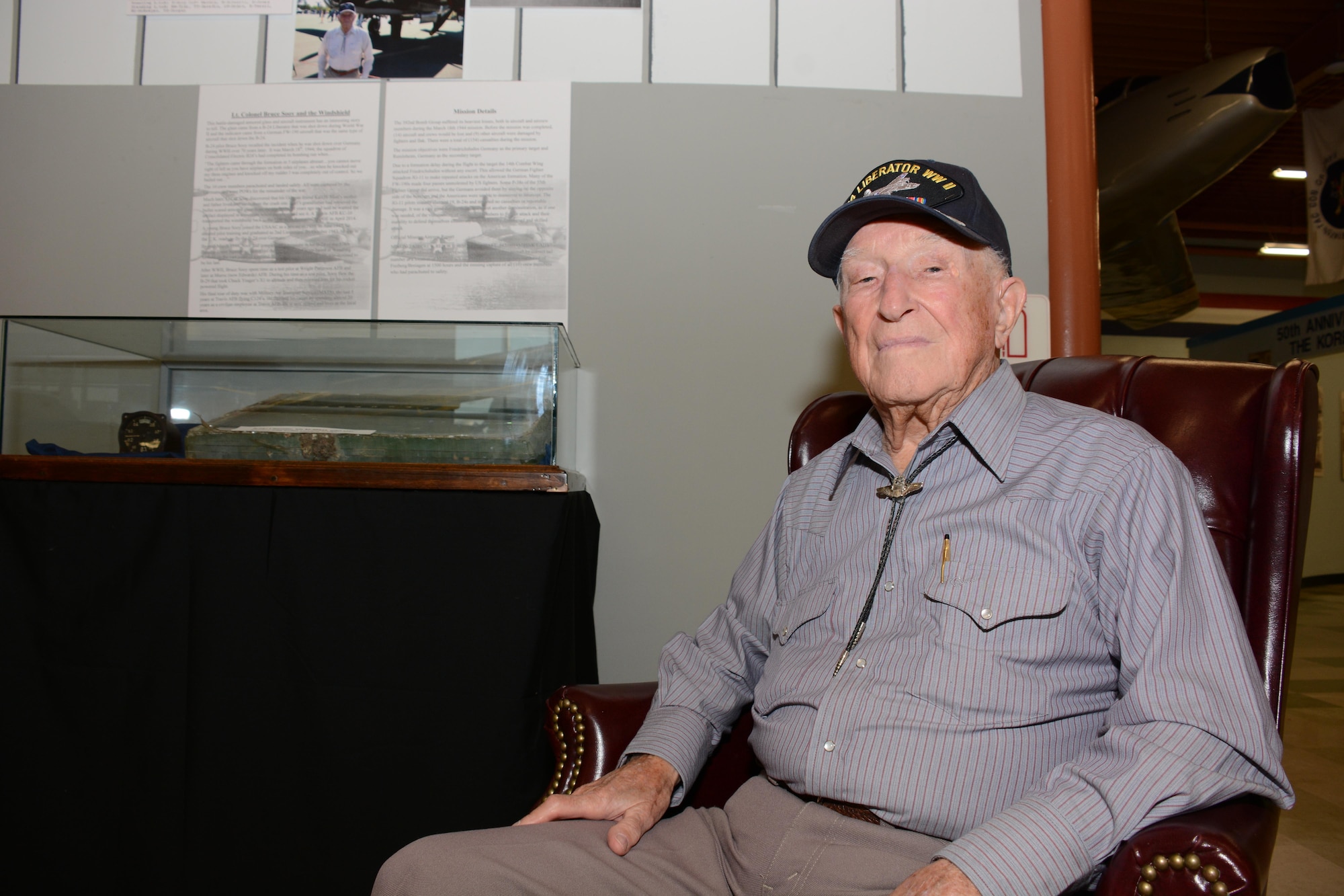 Retired Lt. Col. Bruce Sooy sits inside the heritage center July 15, 2015, at the Travis Air Force Base, Calif. Sooy flew 23 missions during World War II before being shot down and captured as a prisoner of war. (U.S. Air Force photo/Airman 1st Class Amber Carter)
