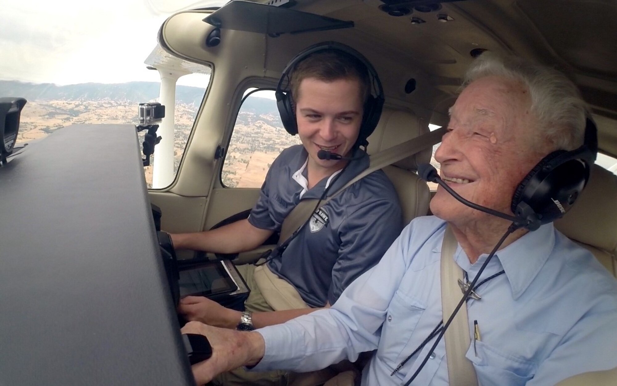 Retired Lt. Col. Bruce Sooy receives a demonstration flight at Nut Tree Airport, Calif., July 2015. It had been 56 years since he had last flown an aircraft. (Courtesy photo)