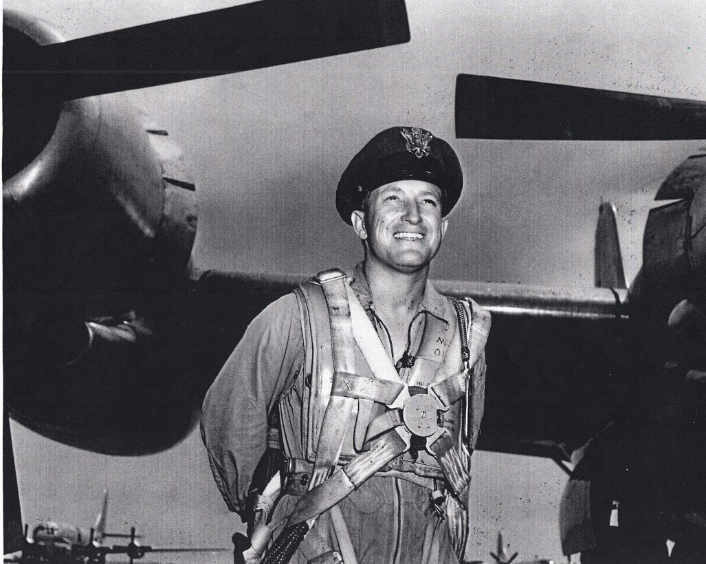 Retired Lt. Col. Bruce Sooy stands in front of a B-50D at Eglin Air Force Base, Fla., in 1951. He was performing air-to-air refuel testing with KC-97s. (Courtesy photo)