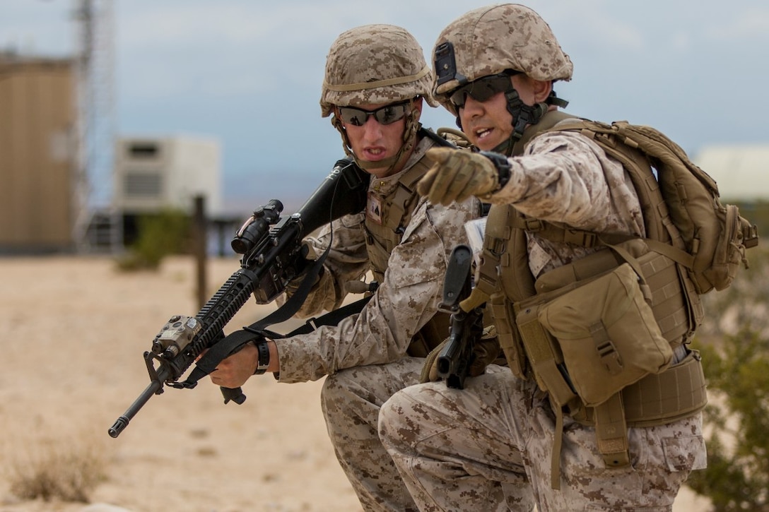 Marines with 1st Battalion, 12th Marine Regiment, attached to 1st Battalion, 3rd Marine Regiment, conduct security patrols during an Integrated Training Exercise aboard Marine Corps Air Ground Combat Center Twentynine Palms, Calif., July 14. ITX is conducted to enhance the integration and warfighting capability from all elements of the Marine Air Ground Task Force. (Photo by U.S. Marine Corps Lance Cpl. Clarence A. Leake/ Released)