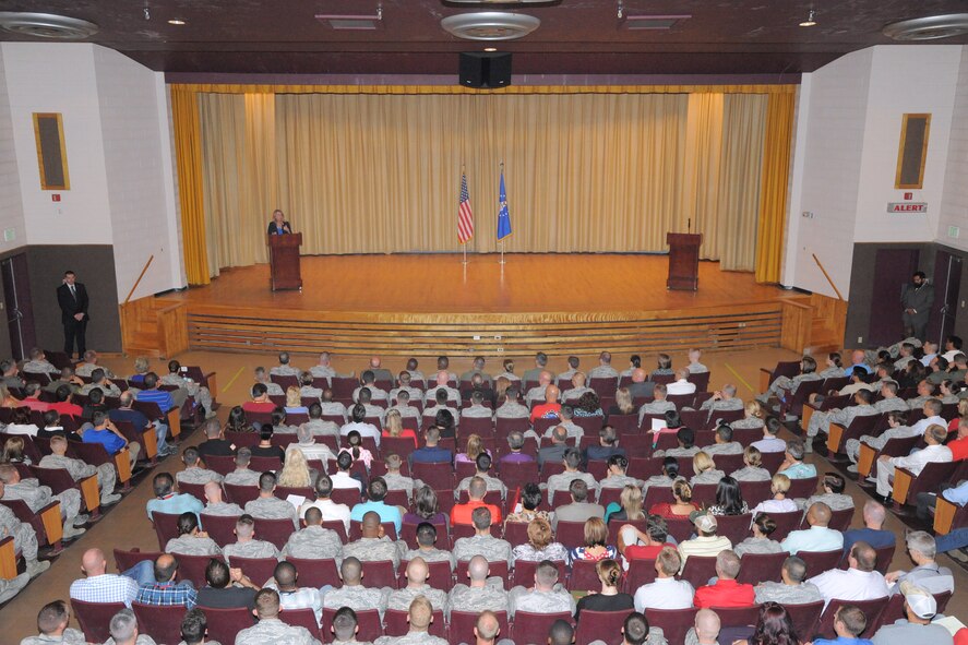 Secretary of the Air Force Deborah Lee James participates in a question-and-answer session with Airmen and civilians during an all-call July 24, 2015, at Hill Air Force Base, Utah. This was her first trip to Hill, and she thanked Team Hill for a great visit with insights she will take back with her to Washington, D.C. (U.S. Air Force photo/Todd Cromar) 

