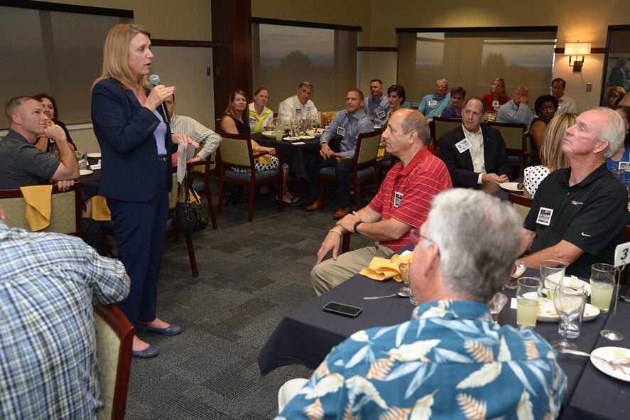 Secretary of the Air Force Deborah Lee James talks with local community and military leaders at the Hubbard Golf Course, Hill Air Force Base, Utah, on July 23, 2015. James praised Team Hill for its contribution to national defense and noted it couldn’t be done without the community’s support. (U.S. Air Force photo/Alex R. Lloyd) 