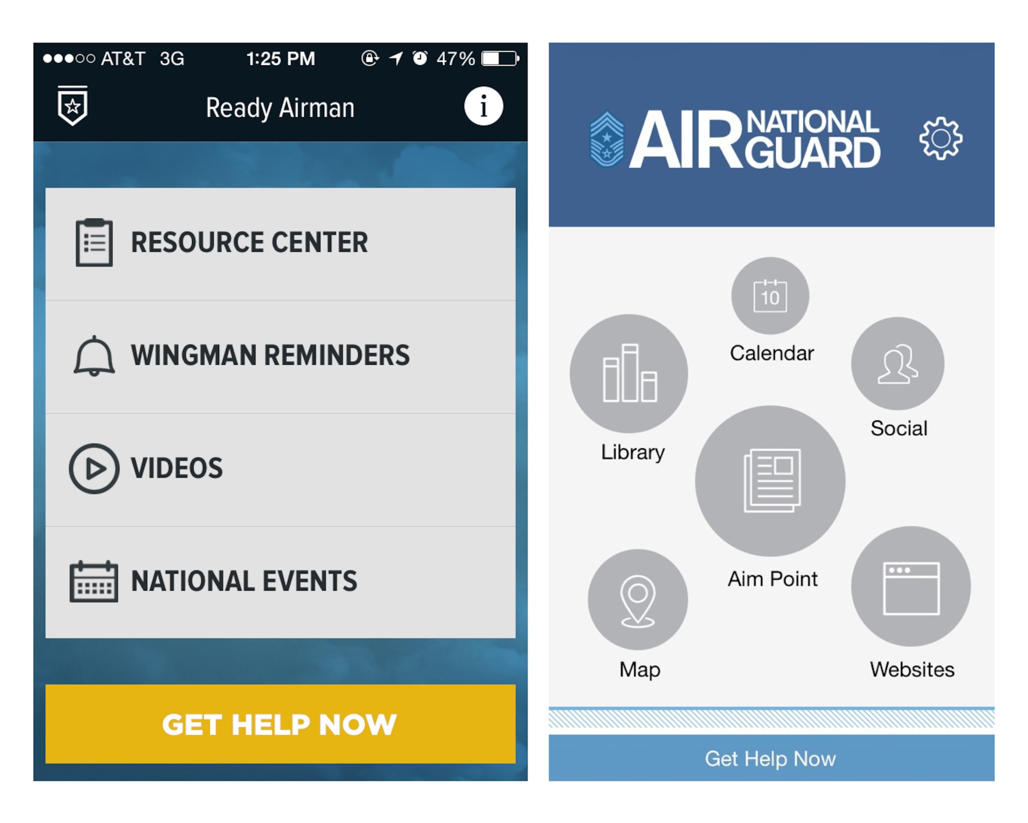 Two new mobile apps from the Air National Guard offer Airmen and their families easy access to a variety of tools and information on leadership and resilience. The Ready Airman app (left) and the Air National Guard CCM Mobile app (right) were produced by the Air National Guard Community Action Information Board and the ANG Safety Directorate. (U.S. Air National Guard photo)