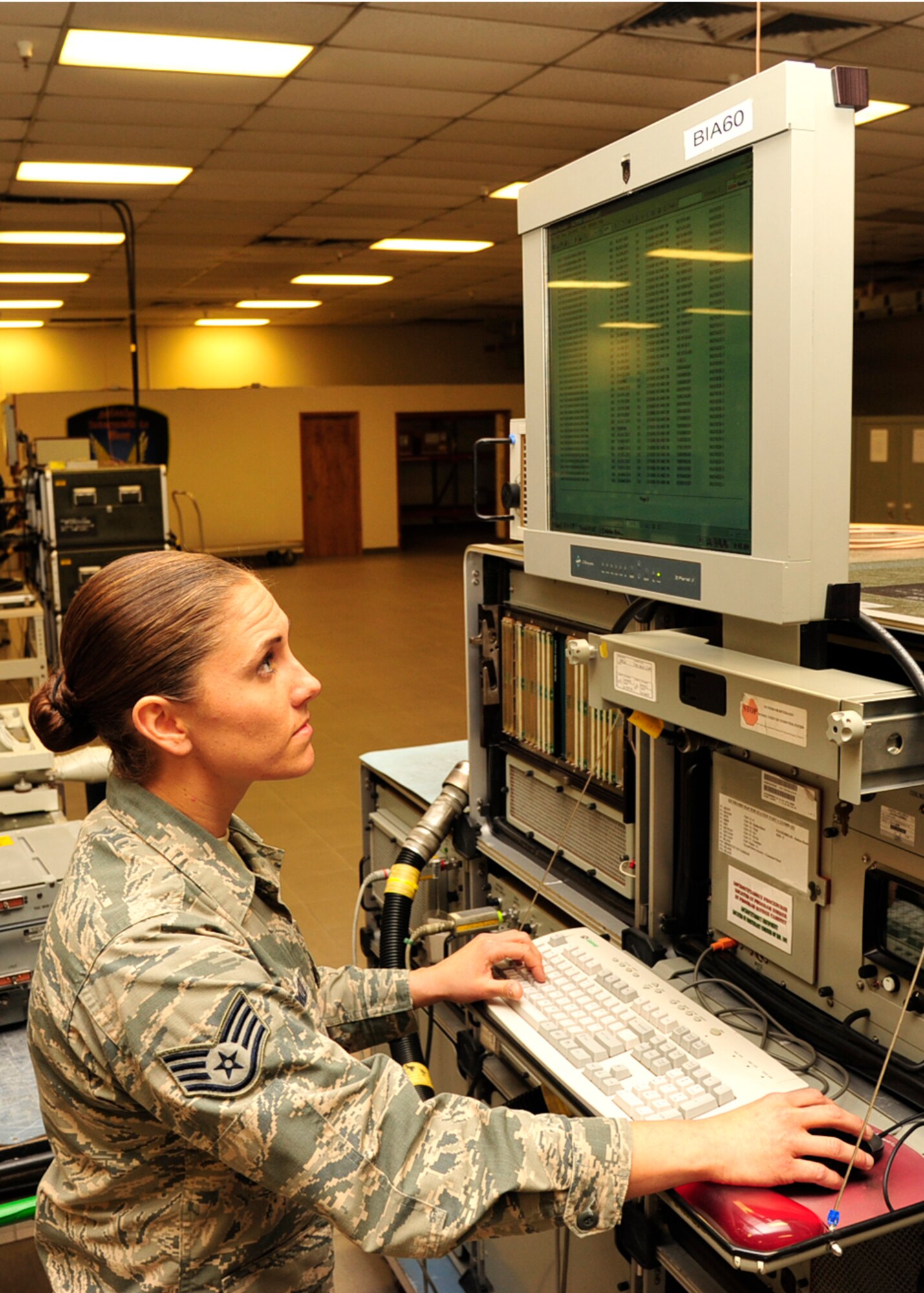 Staff Sgt. Meghan McDonald, 56th CMS AIS F-16 production supervisor, initiates A test program. Every component or what is properly known as a line replaceable unit has a software program made specifically for it. The program runs diagnostics of the component to test if anything is wrong with it internally. 