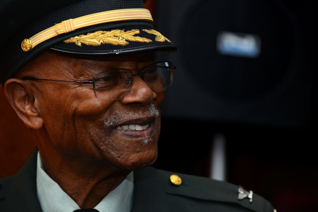 Retired U.S. Army Col. Aaron Dotson attends the Army Community Service’s birthday party at Fort Eustis, Va., July 22, 2015. The now 91-year-old stood up the Fort Eustis ACS in 1967, and said he was proud of how far the service has come. (U.S. Air Force photo by Staff Sgt. Natasha Stannard/Released)