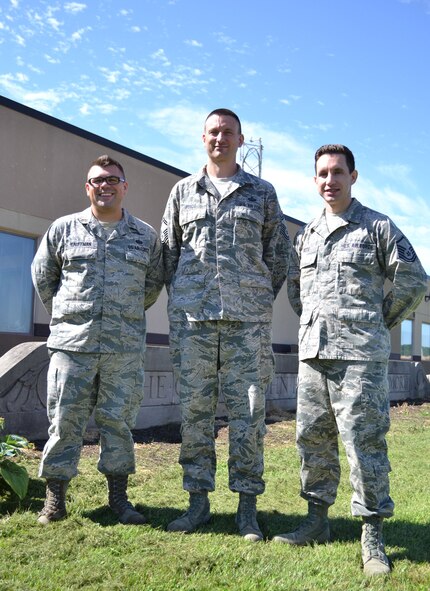 2nd Lt. Dakota Kauffman, 270th Engineering Installation Squadron project engineer, Senior Master Sgt. Chris Fusco, 111th Operations Group, and Master Sgt. John Riccio, 103rd Attack Squadron non-commissioned officer in charge of standardization and evaluation, stand for a photo before leading the newly-revived 111th Attack Wing’s marksmanship team into competition July 25, 2015, at Fort Indiantown Gap, Pennsylvania. The annual Governor’s Twenty is an annual National Guard-wide competition during which the state’s top military marksmen fire both rifle and pistol, with the top 20 competitors awarded embroidered emblems and certificates distinguishing them as being a member of “The Governor’s Twenty” (U.S. Air National Guard photo by Master Sgt. Chris Botzum/Released)

