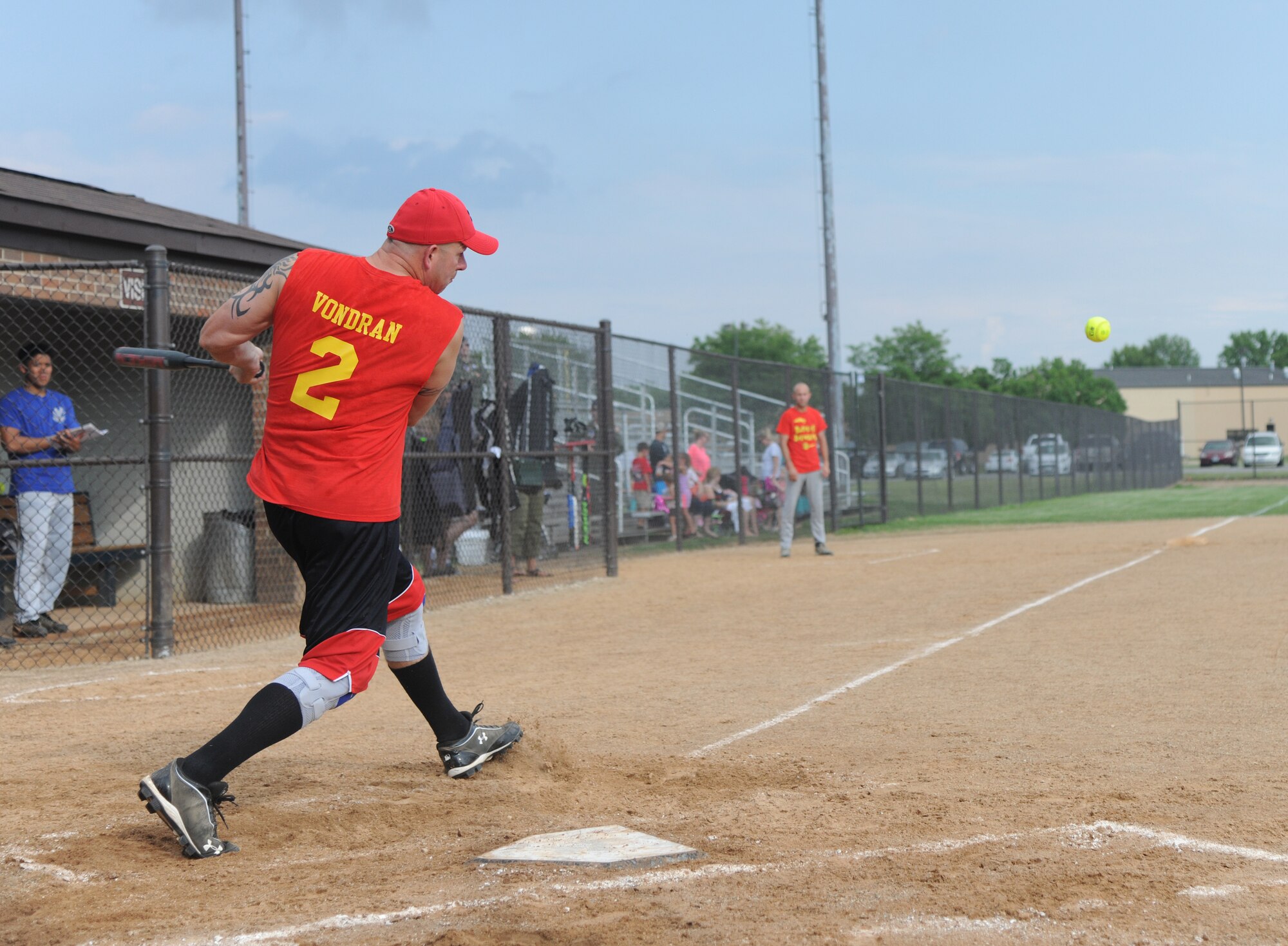 Sgt. 1st Class Michael Vondran, 174th Aerial Defense Artillery Brigade platoon sergeant, hits a softball during the Joint Base Andrews’ championship softball game, July 21, 2015, at the West Fitness Center softball fields. The 174th Air Defense Artillery Brigade softball team won two games against the 1st Helicopter Squadron softball team to win the championship. (U.S. Air Force photo/ Airman 1st Class J.D. Maidens)