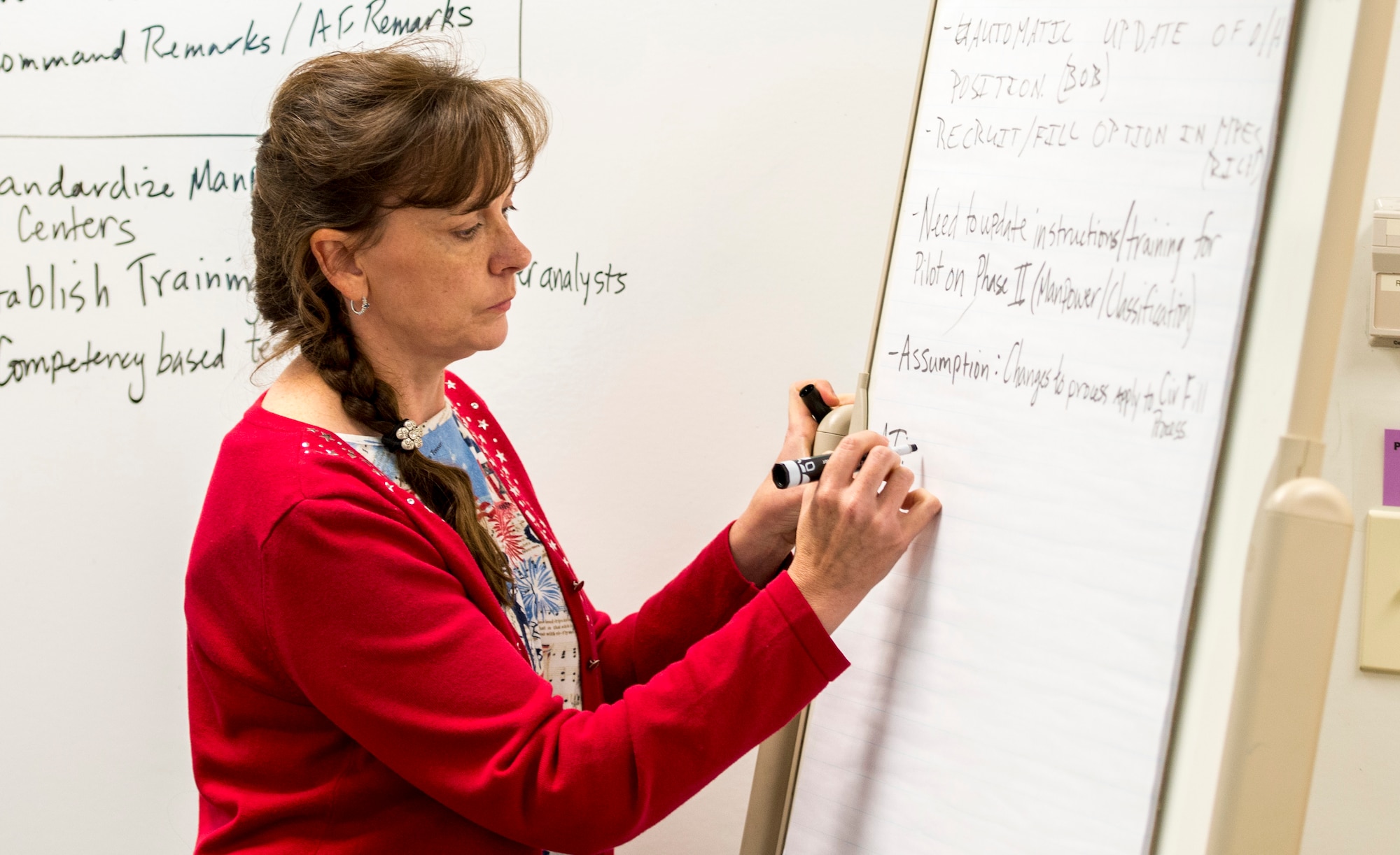 Tammy Lyons, chief of Air Force Materiel Command’s Personnel Support Division, captures the ideas of the group brainstorming for ways to improve the civilian hiring process during a meeting between members of Headquarters AFMC, Headquarters Air Force Personnel Center, installation civilian personnel offices and Directorate of Personnel employees within AFMC, July 22, 2015. They also discussed and identified inefficiencies and duplications of the current process which should be addressed. (U.S. Air Force photo by Wesley Farnsworth)