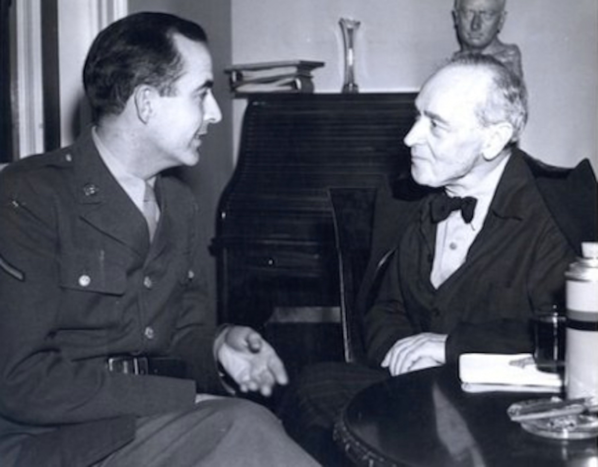 Army Air Forces Cpl. Samuel Barber meets with Boston Symphony conductor
Serge Koussevitzky in 1944. The noted American composer dedicated his second
symphony to the Army Air Forces. (U.S. Air Force photo/released)