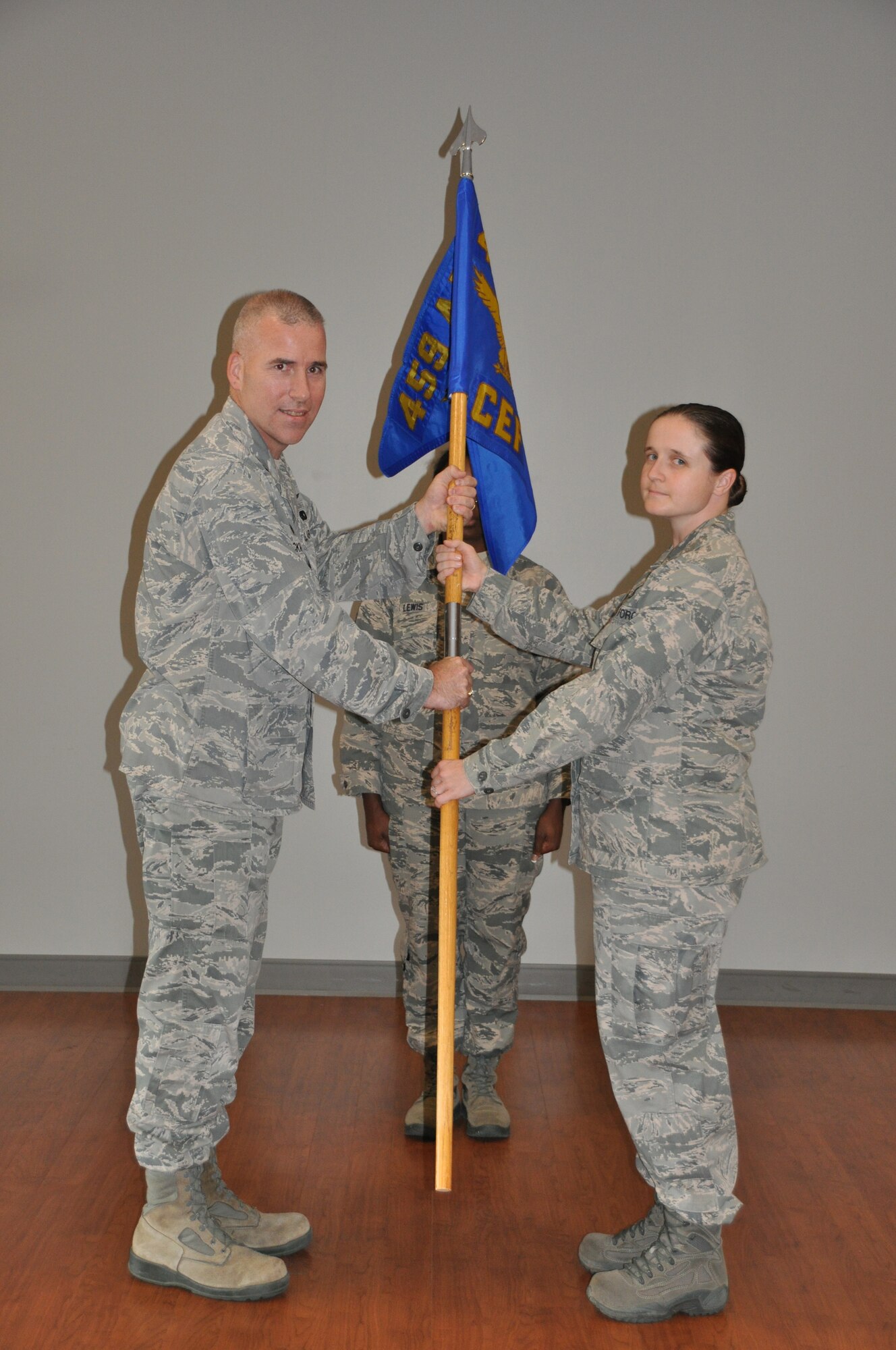 Major Meghan Corbett took command of the 459th Civil Engineer Flight in an assumption of command ceremony held at the Community Commons building on Saturday, July 25, 2015. She received command from the Mission Support Group Commander Col. Roger Stoeckmann. This will be Maj. Corbett’s first command position. (U.S. Air Force photo by: Senior Airman Kristin Kurtz)