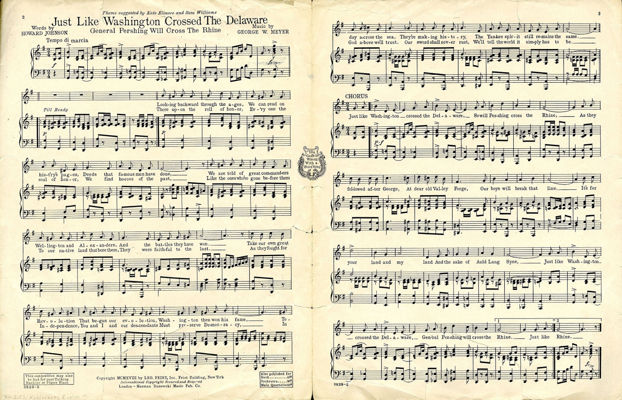 On the home front, support for the war came in many forms. George M. Cohan’s "Over There" proved to be the most memorable example of support through popular music; however, many other composers drummed up enthusiasm for American troops. Composed by George W. Meyer, with lyrics by Howard Johnson, "Just Like Washington Crossed the Delaware, General Pershing Will Cross the Rhine" was a popular song published in 1918. (U.S. Air Force photo)