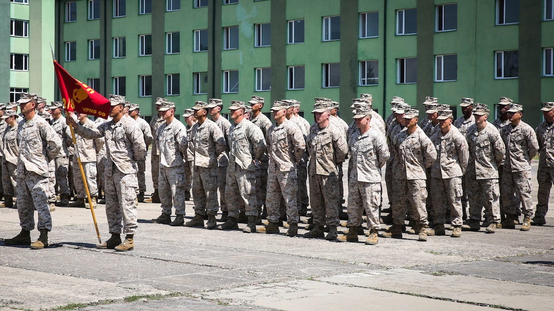 U.S. Marines with 10th Marine Regiment and the Black Sea Rotational Force stand alongside Romanian, Latvian, Lithuanian, Georgian and Bulgarian soldiers during the Exercise Agile Spirit closing ceremony July 22, 2015, at Vaziani Training Area, Georgia. Exercise Agile Spirit 15 involved a NATO Response Force level combined operation that incorporated a wide range of planning and execution challenges during a command post exercise and a field training exercise.