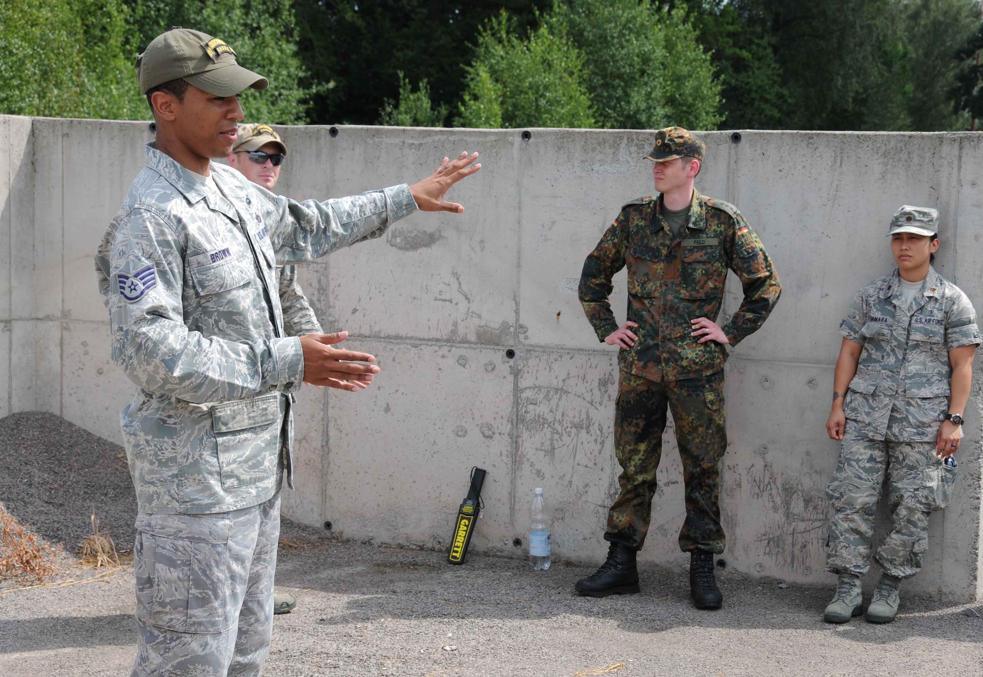 Instructors from the 435th Security Forces Squadron, Ramstein Air Base, Germany,  provided training on how to properly defend an entry control point to International Junior Officer Leadership Development Seminar participants July 21. Forty-six reserve component officers from seven nations participated in IJOLDS
hosted by Air Force Reserve Command at Ramstein AB July 18-25, 2015. (U.S. Air Force photo/Col. Rob Palmer)
