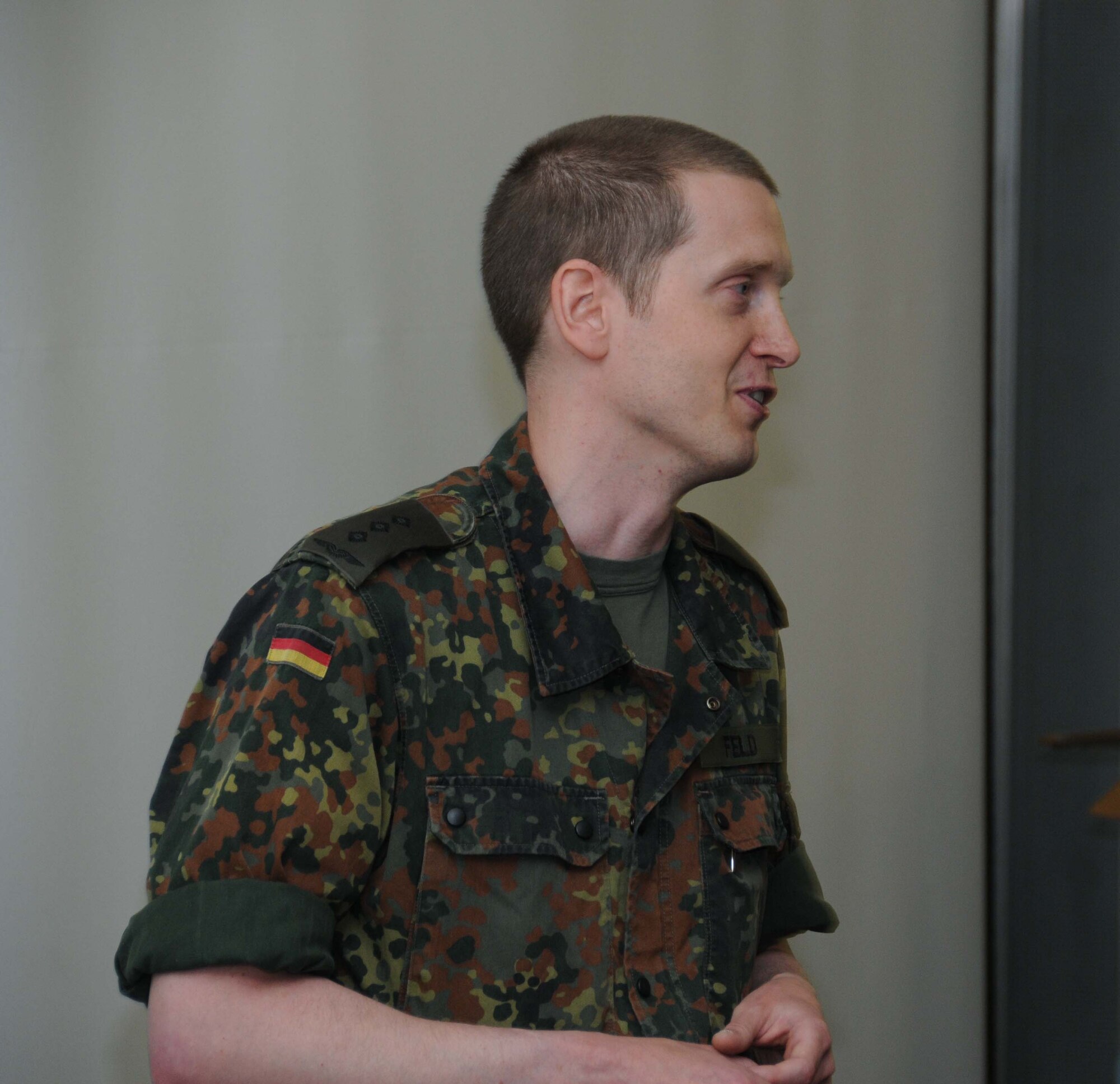 Capt. Andreas Feld, a reserve officer in the German air force who participated in the International Junior Officer Development Seminar, provided a short overview of the German air force for the class July 21.  Forty-six reserve component officers from seven nations participated in IJOLDS hosted by Air Force Reserve Command at Ramstein Air Base, Germany, July 18-25, 2015. (U.S. Air Force photo/Col. Rob Palmer)
