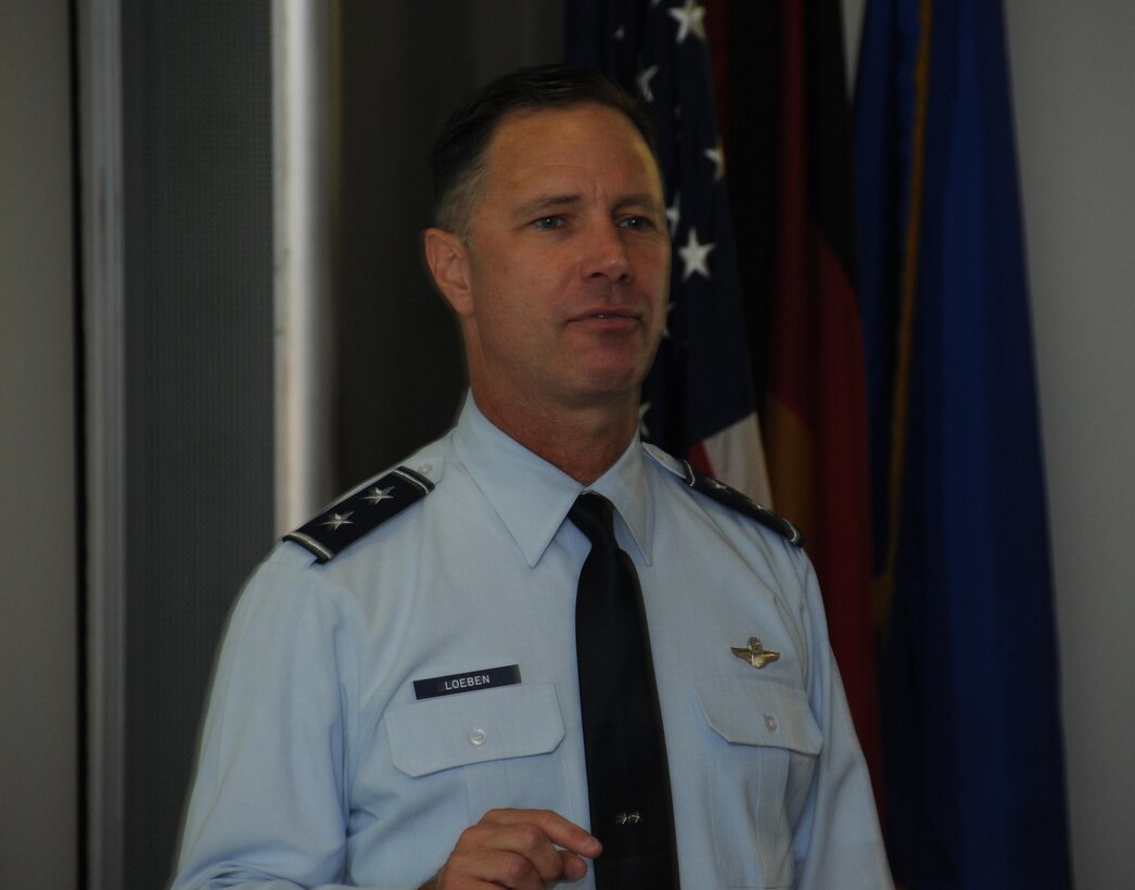 Maj. Gen. Mark Loeben, an Air Force reservist serving as the director of exercises and assessments for U.S. European Command, gives an overview of the command and its international engagements July 21.  Forty-six reserve component 
officers from seven nations participated in the International Junior Officer Development Seminar hosted by Air Force Reserve Command at Ramstein Air Base, Germany, July 18-25, 2015. (U.S. Air Force photo/Col. Rob Palmer)
