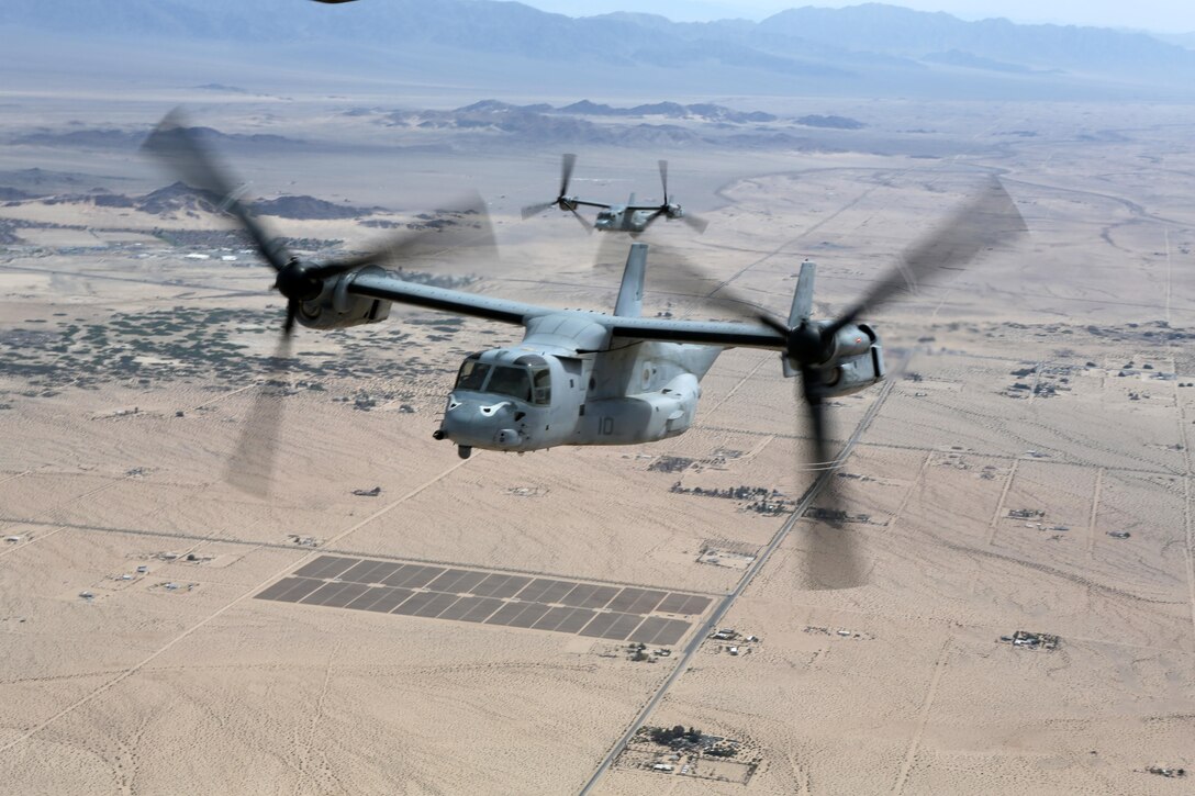 MV-22B Ospreys with Marine Medium Tiltrotor Squadron 163 conduct a training flight from Marine Corps Air Station Miramar, California, April 10. This training operation marks the last time the commanding officer of VMM-163 will participate in a squadron-sized event before relinquishing command. (U.S. Marine Corps photo by Sgt. Melissa Wenger/Released)