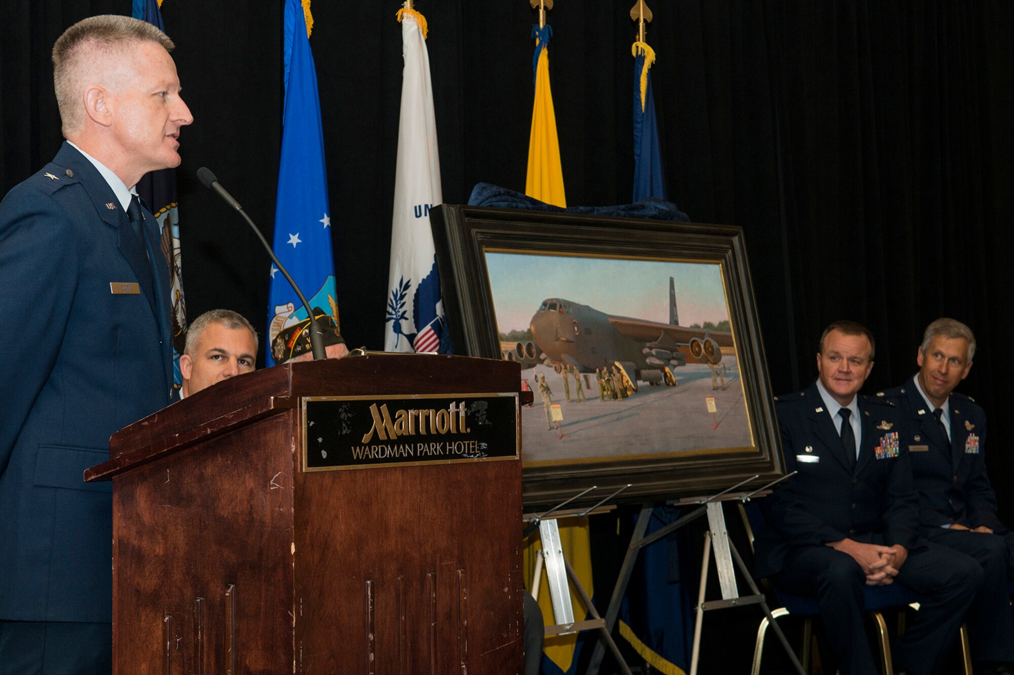 Brig. Gen. Thomas Clark, the Mobilization Assistant to the Assistant Chief of Staff for Strategic Deterrence and Nuclear Integration, Headquarters U. S. Air Force addresses the audience during the Reserve Officers Association National Convention in Washington D.C. Jul. 27, 2015.  Clark spoke about the importance of our nuclear triad as a strategic deterrence after he accepted the painting. (U.S. Air Force photo by Master Sgt. Gregory Steele)  

