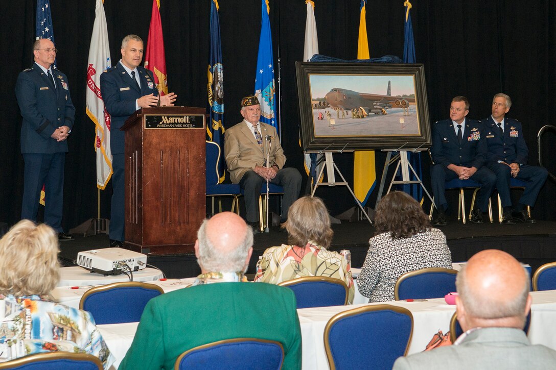 Maj. Warren Neary, an Air Force Reserve Historian and artist addresses the audience during the Reserve Officers Association National Convention in Washington D.C. Jul. 27, 2015.  Neary, an award-winning artist who was recently selected as the 2015 Air Force Association National Aerospace Gill Robb Wilson Award for Arts and Letters, participated in an unveiling of his painting "Deterrence on Demand" that will be entered in to the Air Force Art Program. (U.S. Air Force photo by Master Sgt. Gregory Steele)  

