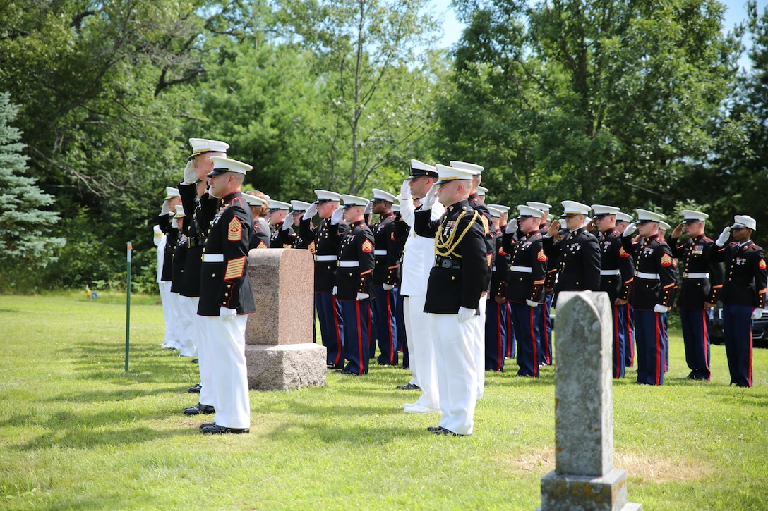 Lt. Gen. Richard P. Mills, commander of Marine Forces Reserve, and Marines of and Sailors of Marine Forces Reserve, salute as taps is played for Sgt. Carson Holmquist, a motor transport maintenance chief with and Battery M, 3rd Battalion, 14th Marine Regiment, 4th Marine Division, Marine Forces Reserve, during his funeral July 25, 2015 in Grantsburg, Wis. Holmquist, along with three other Marines and a Sailor, was killed in an attack at the Naval Operation Support Center and Marine Corps Reserve Center in Chattanooga, Tenn. on July 16, 2015. Marines, family, friends and the community of Grantsburg gathered to honor the memory and sacrifice of Holmquist and his fallen brothers-in-arms. 