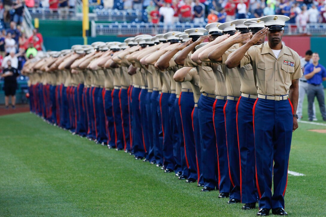 Marines from the national capital region salute during the playing of the national anthem at Nationals Park in Washington, D.C., July 21, 2015. The Washington Nationals hosted a Marine Corps Day to honor Marines who serve or have served in the past.