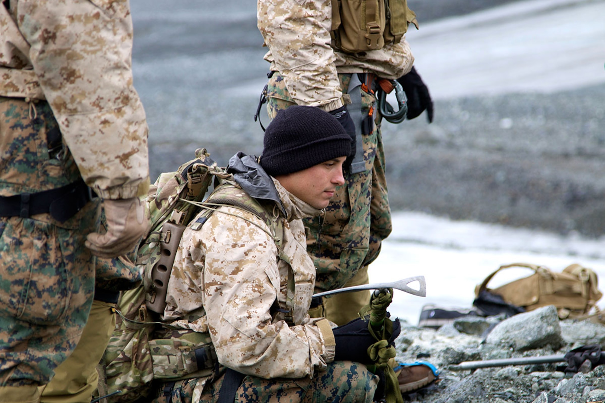 From the snow-kissed mountains to the icy rumblings of melting glaciers, Marines from 2nd Platoon Force Reconnaissance Company, 1st Reconnaissance Battalion, Camp Pendleton, Calif., along with instructors from U.S. Army Alaska’s Northern Warfare Training Center conducted military alpine operations at Black Rapids Training Site and Gulkana Glacier July 18, 2015. (Photo by Staff Sgt. Sean Callahan, USARAK Public Affairs)