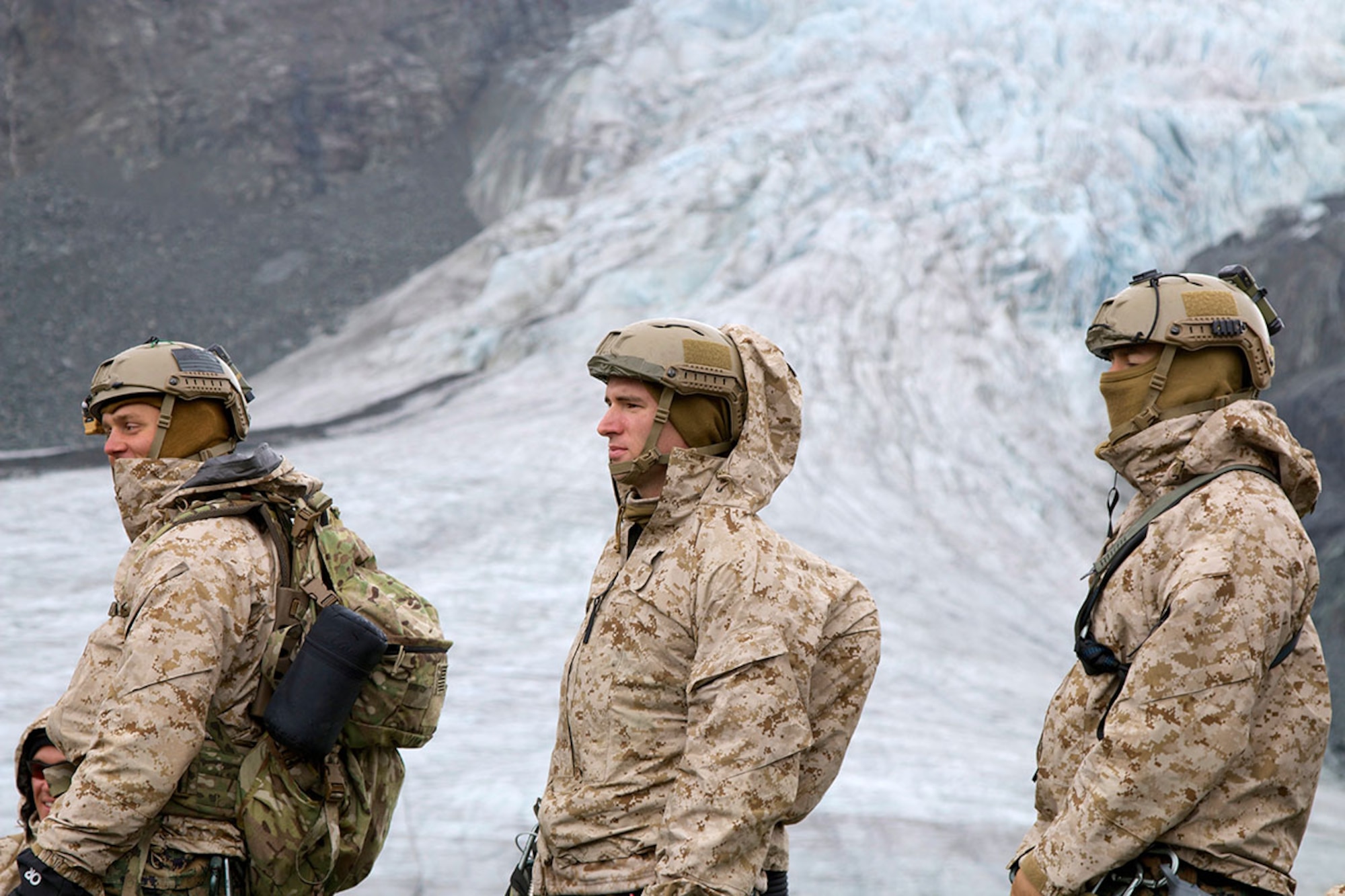 From the snow-kissed mountains to the icy rumblings of melting glaciers, Marines from 2nd Platoon Force Reconnaissance Company, 1st Reconnaissance Battalion, Camp Pendleton, Calif., along with instructors from U.S. Army Alaska’s Northern Warfare Training Center conducted military alpine operations at Black Rapids Training Site and Gulkana Glacier July 18, 2015. (Photo by Staff Sgt. Sean Callahan, USARAK Public Affairs)