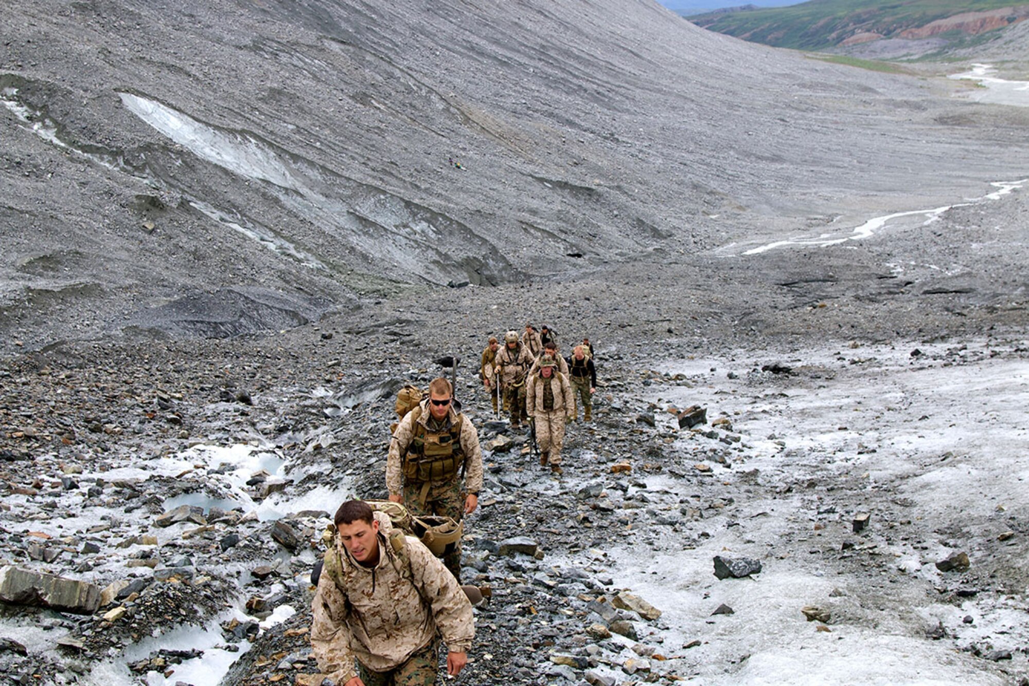 From the snow-kissed mountains to the icy rumblings of melting glaciers, Marines from 2nd Platoon Force Reconnaissance Company, 1st Reconnaissance Battalion, Camp Pendleton, Calif., along with instructors from U.S. Army Alaska’s Northern Warfare Training Center conducted military alpine operations at Black Rapids Training Site and Gulkana Glacier July 18, 2015. (Photo by Staff Sgt. Sean Callahan, USARAK Public Affairs)