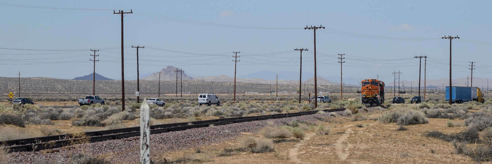 BNSF Railway periodically uses Edwards AFB's tracks to store train cars when they are not in use according to an agreement with the base. (U.S. Air Force photo by Rebecca Amber)
