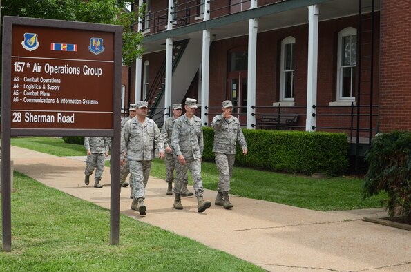 Lt. Gen. Stanley E. Clarke III went on a walking tour at Jefferson Barracks Air National Guard Base, Missouri, on July 21, 2015. During his tour he received briefs about the missions of the 131st Bomb Wing, 157th Air Operations Group, 239th Combat Communications Squadron and the 231st Civil Engineer Flight. (U.S. Air National Guard photo by Staff Sgt. Brittany Cannon)