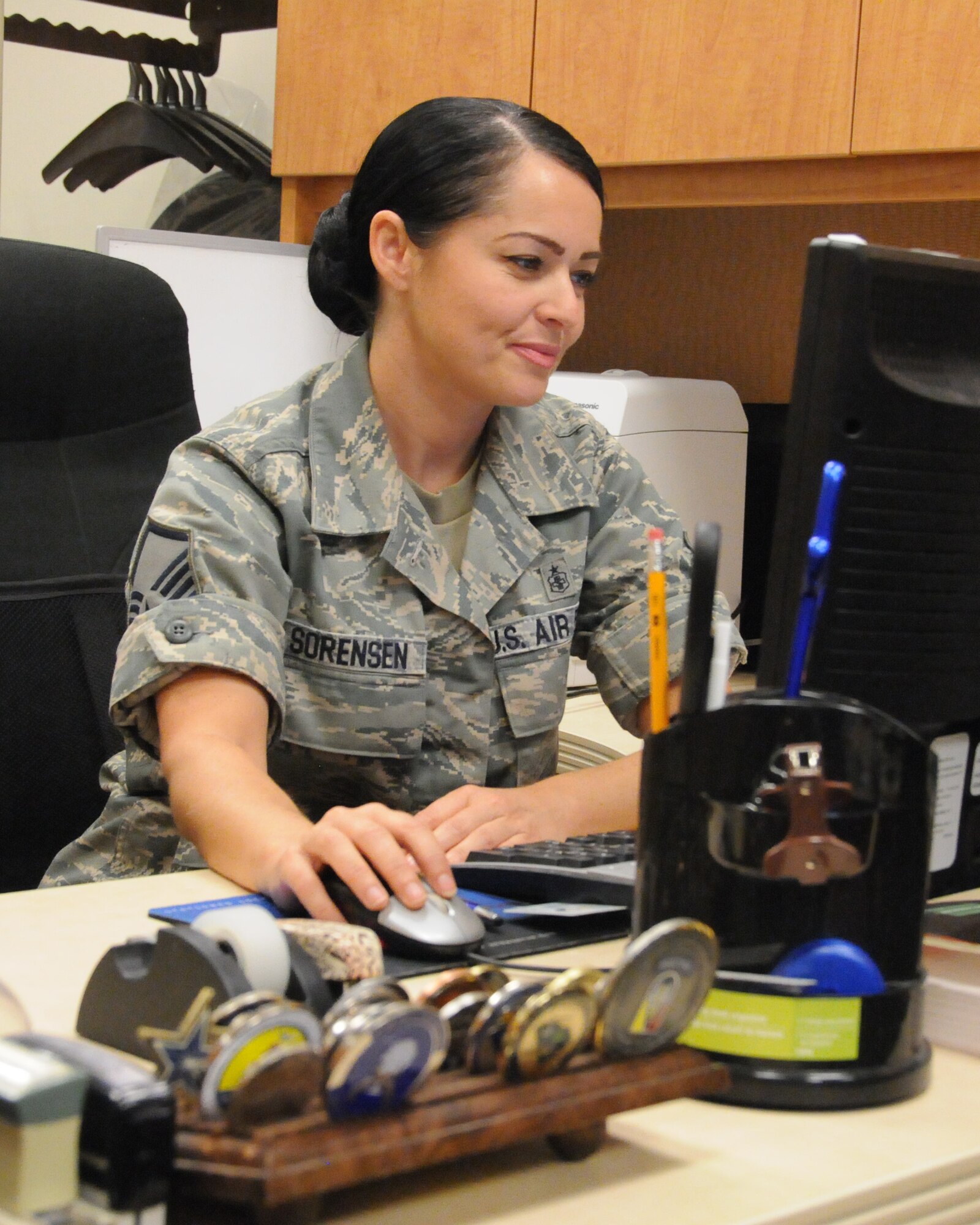 Master Sgt. Sheryl Sorensen, 459th Aeromedical Staging Squadron medical administrator, serves members of the units daily by managing both the line of duty and the medical evaluation board programs. She's highly regarded for her ability to communicate the intricacies of the programs and her ability to execute each mission effectively. (U.S. Air Force Photo / Maj. Tim Smith)