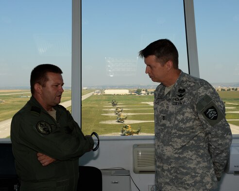 U.S. National Guard Maj. Gen. Daniel Hokanson, Oregon National Guard Adjutant General, right, speaks with Romanian air force Cmdr. Marius Oatu, 71st Air Base commander, during a base tour at Campia Turzii, Romania, July 22, 2015. Hokanson received a tour of the base by Oatu before visiting with Airmen of the 123rd Expeditionary Fighter Squadron. Twelve F-15C Eagles deployed to Romania as part of a European theater security package. (U.S. Air Force Senior Airman Dylan Nuckolls/Released) 