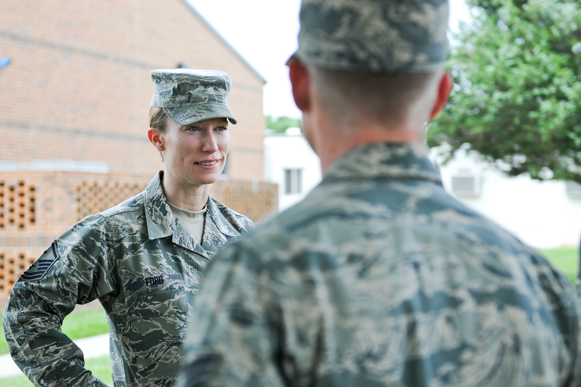Master Sgt. Sally Ford speaks with Airmen at the Air National Guard Readiness Center on Joint Base Andrews, Md., June 10, 2015. Ford is the 2015 Air National Guard Outstanding First Sergeant of the Year. (Air National Guard photo by Master Sgt. David Eichaker/released)
