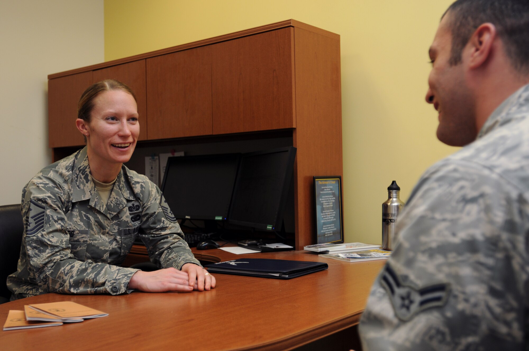 Master Sgt. Sally Ford speaks with an Airman at the Air National Guard Readiness Center on Joint Base Andrews, Md., June 10, 2015. Ford is the 2015 Air National Guard Outstanding First Sergeant of the Year. (Air National Guard photo by Master Sgt. David Eichaker/released)