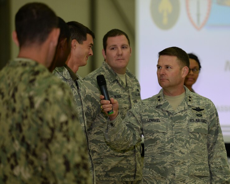 U.S. Air Force Maj. Gen. Gregory J. Lengyel, right, U.S. Special Operations Command - Europe commander, asks Airmen questions about themselves, their chain of command and home station July 23, 2015, on RAF Mildenhall, England. Lengyel then used charts to explain their chain of command and how what they do each day matters to the security of America and Europe. (U.S. Air Force photo by Gina Randall/Released)