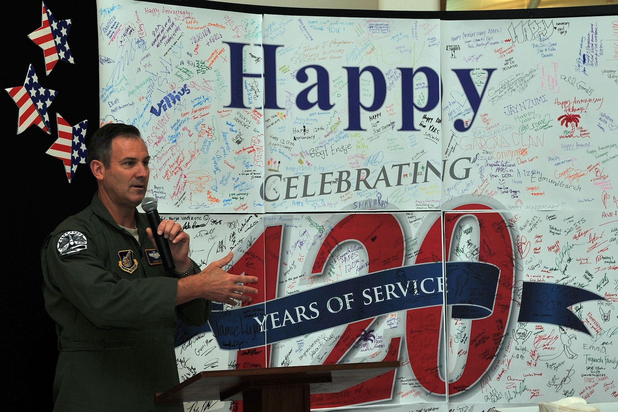 Brig. Gen. Andrew Toth, 36th Wing commander, delivers a speech July 25, 2015, at The Exchange at Andersen Air Force Base, Guam. The commander joined Exchange officials during a ceremony as they celebrated the 120th anniversary of the Army and Air Force Exchange Service. (U.S. Air Force photo by Tech. Sgt. Melissa B. White/Released