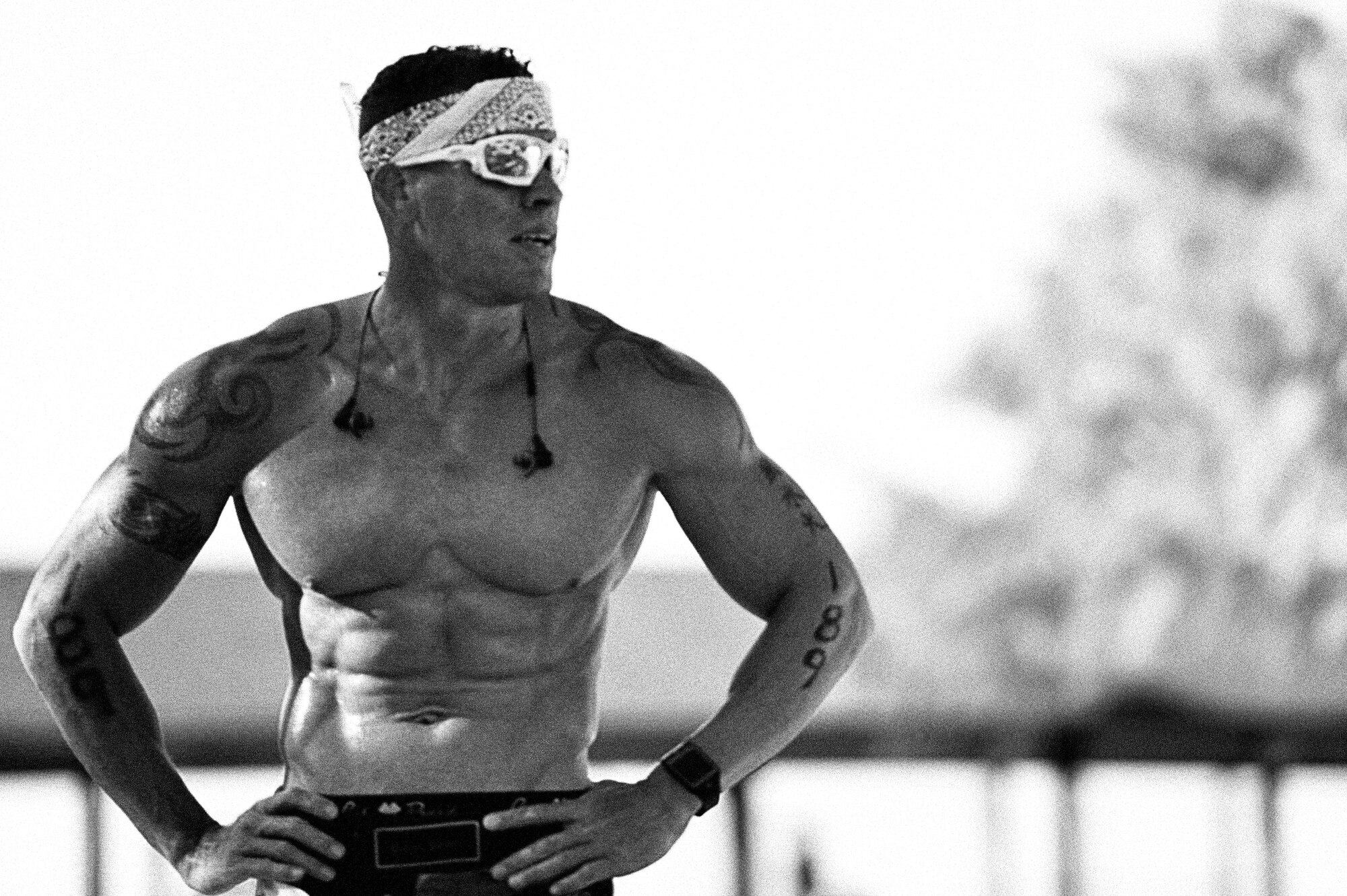 U.S. Marine Corps Staff Sgt. Jeffrey Velazquez, Marine Corps Detachment, cools down after completing the 8th Annual Goodfellow Triathlon at the Goodfellow Air Force Base Recreation Camp in San Angelo, Texas, July 25, 2015. Velazquez was part of an all-Marine team that went on to win the male team category. (U.S. Air Force photo by Tech. Sgt. Austin Knox/Released) 