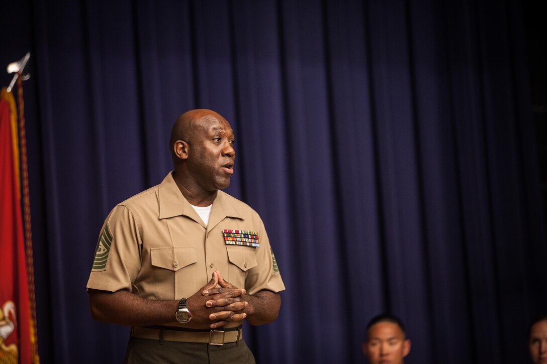The Sergeant Major of the Marine Corps, Ronald L. Green, attends a Corporals Course graduation at Henderson Hall, Arlington, Va., July 24, 2015. (U.S. Marine Corps photo by Sgt. Melissa Marnell, Office of the Sergeant Major of the Marine Corps/Released)