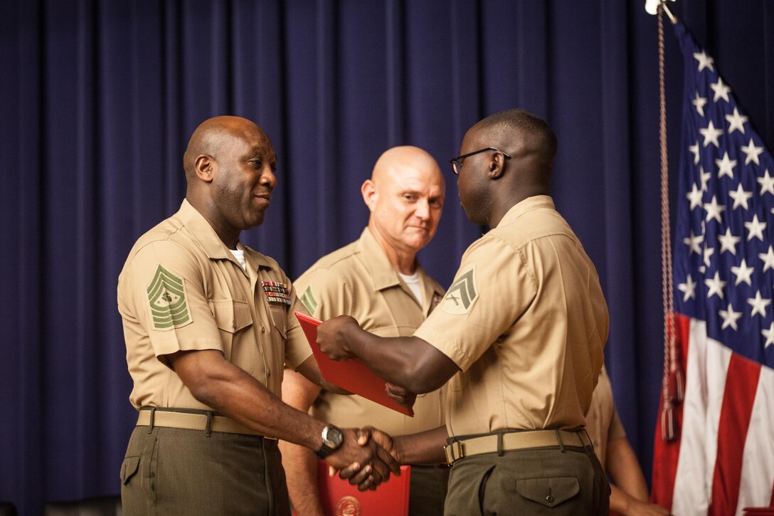The Sergeant Major of the Marine Corps, Ronald L. Green, attends a Corporals Course graduation at Henderson Hall, Arlington, Va., July 24, 2015. (U.S. Marine Corps photo by Sgt. Melissa Marnell, Office of the Sergeant Major of the Marine Corps/Released)