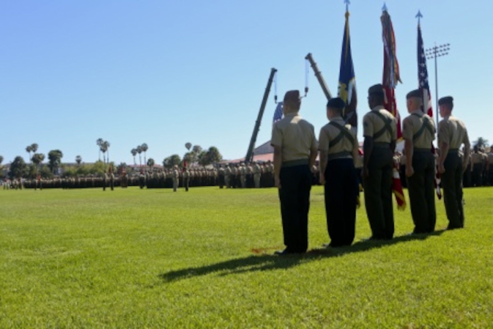 U.S. Marines of 1st Marine Logistics Group take part in the Change of Command Ceremony aboard Camp Pendleton, Calif., July 24, 2015. The Change of Command for 1st MLG showcased the passing of command from Maj. Gen. Vincent A. Coglinese to Brig. Gen. David a Ottignon. (U.S. Marine Corps photo by Lance Cpl. Lauren Falk/Released)

