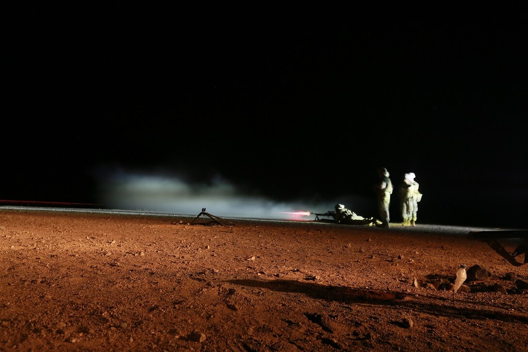 ARTA BEACH, Djibouti (July 22, 2015) U.S. Marine Sgt. Garrett Kastl fires an M240B medium machine gun during sustainment training. Kastl is the motor transport platoon sergeant with Combat Logistics Battalion 15, 15th Marine Expeditionary Unit. Elements of the 15th Marine Expeditionary Unit are ashore in Djibouti for sustainment training to maintain their readiness while deployed. The 15th MEU is currently deployed in support of maritime security operations and theater security cooperation efforts in the U.S. 5th and 6th Fleet areas of operation. (U.S. Marine Corps photo by Sgt. Steve H. Lopez/Released)