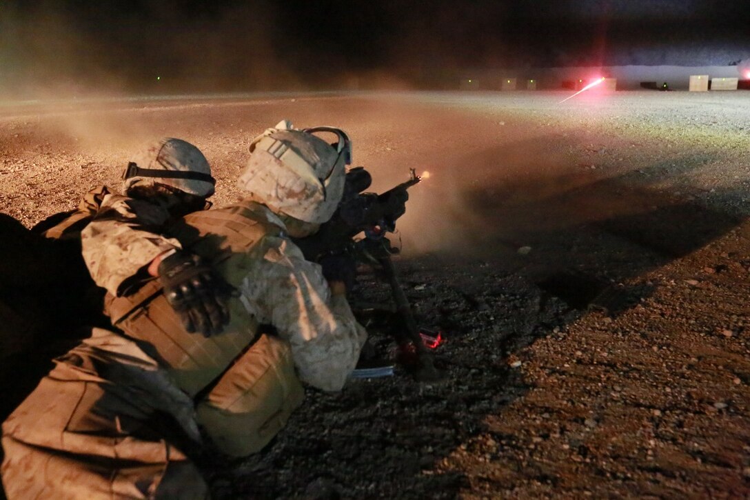 ARTA BEACH, Djibouti (July 22, 2015) U.S. Marine Lance Cpl. Zachary Palacio engages his target with an M240B squad automatic weapon during machine gun sustainment training. Palacio is a motor transport operator with Combat Logistics Battalion 15, 15th Marine Expeditionary Unit. Elements of the 15th Marine Expeditionary Unit are ashore in Djibouti for sustainment training to maintain and enhance the skills they developed during their pre-deployment training period. The 15th MEU is currently deployed in support of maritime security operations and theater security cooperation efforts in the U.S. 5th and 6th Fleet areas of operation. (U.S. Marine Corps photo by Sgt. Steve H. Lopez/Released)