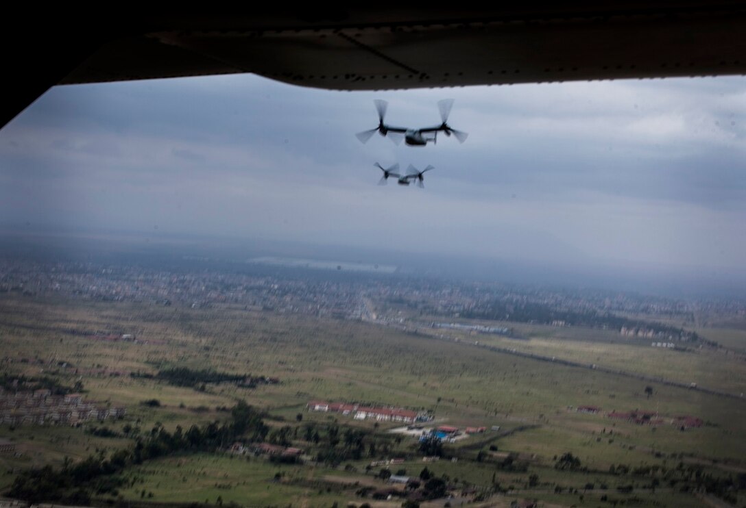 NAIROBI, Kenya (July 23, 2015) MV-22B Ospreys with the “Greyhawks” of Marine Medium Tiltrotor Squadron 161 (Reinforced), 15th Marine Expeditionary Unit (MEU), fly over Kenya after departing Jomo Kenyatta International Airport. The Marines are in Kenya to support President Barrack Obama’s visit. Elements of the 15th MEU, based out of Camp Pendleton, California, and embarked aboard the Essex, are conducting naval operations in the 6th Fleet areas of operation in support of U.S. national security interests in Europe and Africa. (U.S. Marine Corps photo by Cpl. Elize McKelvey/Released)