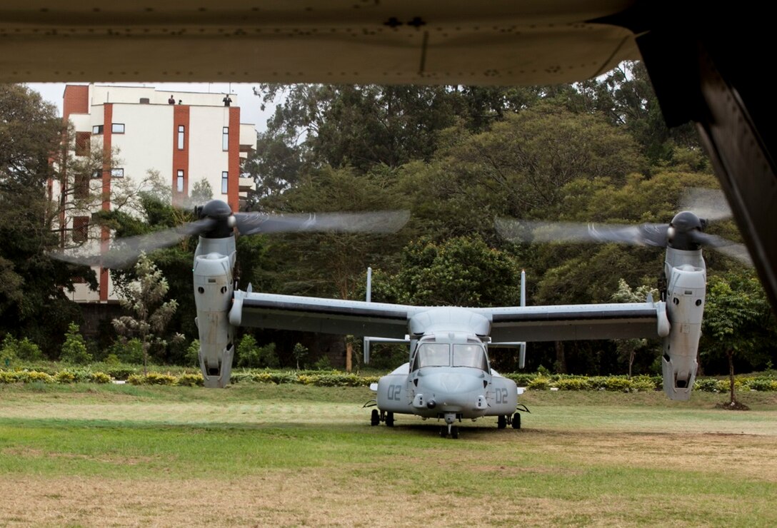 NAIROBI, Kenya (July 23, 2015) An MV-22B Osprey with the “Greyhawks” of Marine Medium Tiltrotor Squadron 161 (Reinforced), 15th Marine Expeditionary Unit (MEU), pauses in a landing zone during a rehearsal flight. The Marines are in Kenya to support President Barrack Obama’s visit. Elements of the 15th MEU, based out of Camp Pendleton, California, and embarked aboard the Essex, are conducting naval operations in the 6th Fleet areas of operation in support of U.S. national security interests in Europe and Africa. (U.S. Marine Corps photo by Cpl. Elize McKelvey/Released)