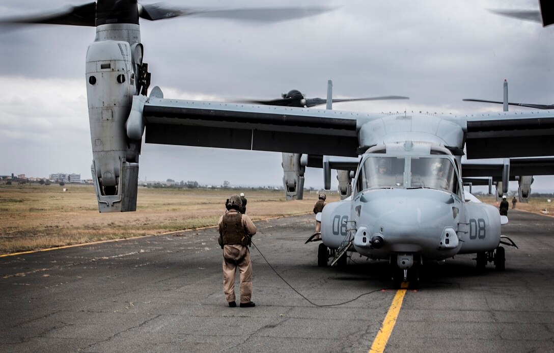 NAIROBI, Kenya (July 23, 2015) U.S. Marines with the “Greyhawks” of Marine Medium Tiltrotor Squadron 161 (Reinforced), 15th Marine Expeditionary Unit (MEU), wait for approval to depart for takeoff and landing drills from Jomo Kenyatta International Airport. Elements of the 15th MEU, based out of Camp Pendleton, California, and embarked aboard the Essex, are conducting naval operations in the 6th Fleet areas of operation in support of U.S. national security interests in Europe and Africa. (U.S. Marine Corps photo by Cpl. Elize McKelvey/Released)