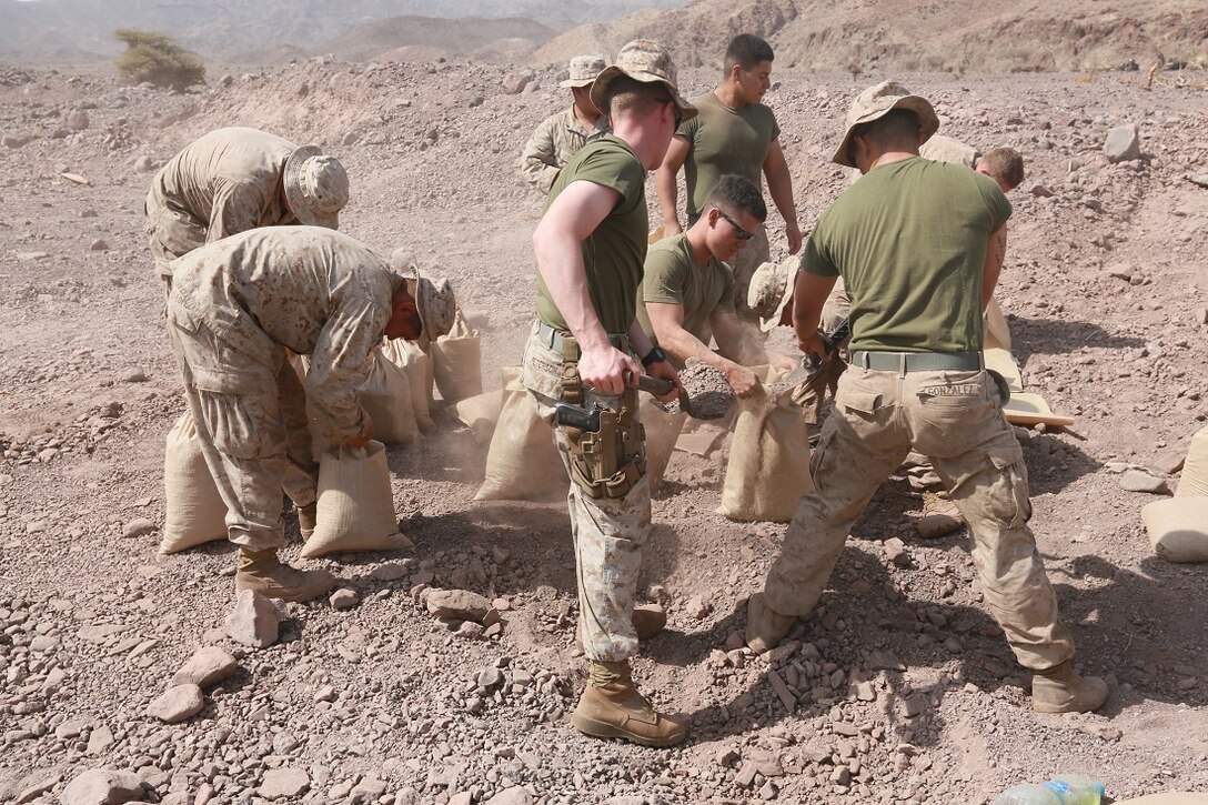 ARTA BEACH, Djibouti (July 22, 2015) U.S. Marines with the 15th Marine Expeditionary Unit fill sand bags to construct an entry control point at a cantonment area ashore during sustainment training. Elements of the 15th Marine Expeditionary Unit are ashore in Djibouti for sustainment training to maintain and enhance the skills they developed during their pre-deployment training period.  The 15th MEU is currently deployed in support of maritime security operations and theater security cooperation efforts in the U.S. 5th and 6th Fleet areas of operation. (U.S. Marine Corps photo by Sgt. Steve H. Lopez/Released)
