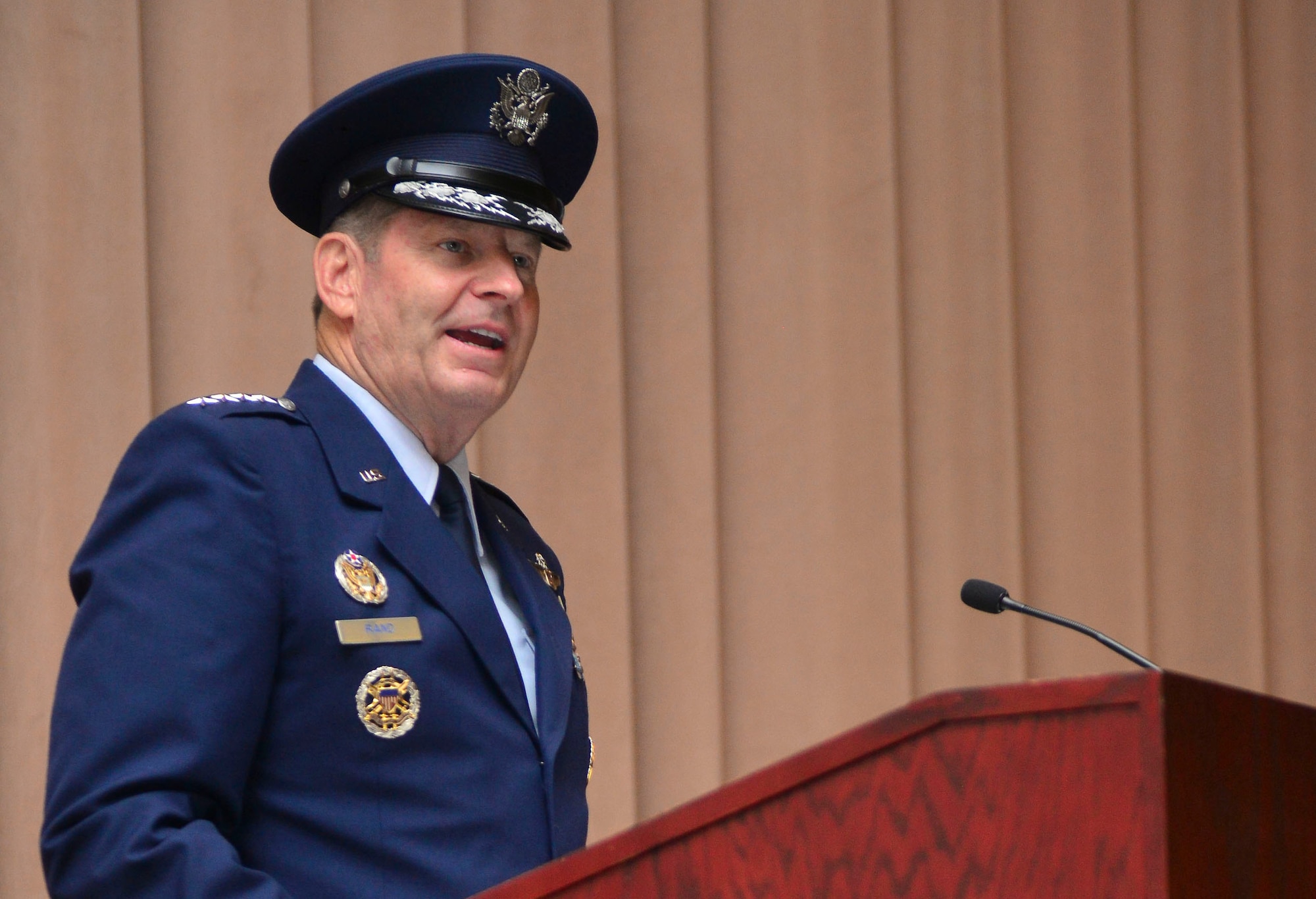 Gen. Robin Rand provides remarks after taking command of Air Force Global Strike Command during a ceremony at Barksdale Air Force Base, La., July 28, 2015. Rand said he will ensure AFGSC and its Airmen are ready to carry the nation’s load of developing and providing combat-ready forces for nuclear deterrence and conventional global strike operations. (U.S Air Force photo/Airman 1st Class Mozer O. Da Cunha)