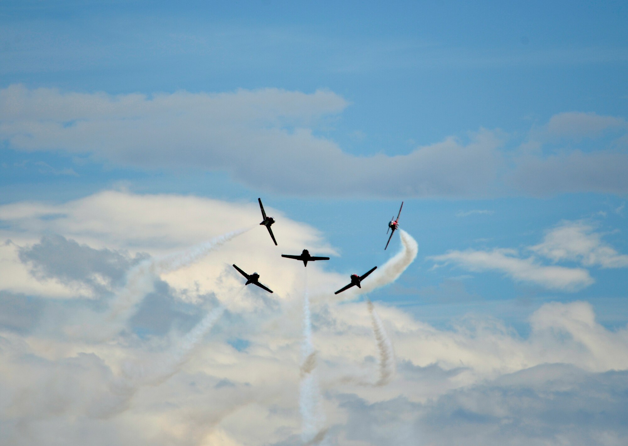 The Royal Canadian Forces Snowbirds  perform at the 2015 Lethbridge International Airshow July 25, 2015, in Lethbridge, Alberta province, Canada. The airshow allowed spectators to see static displays of Canadian and U.S. aircraft as well as talk to the crews who operate and fly them. (U.S. Air Force photo by Airman 1st Class Christian Clausen/Released)