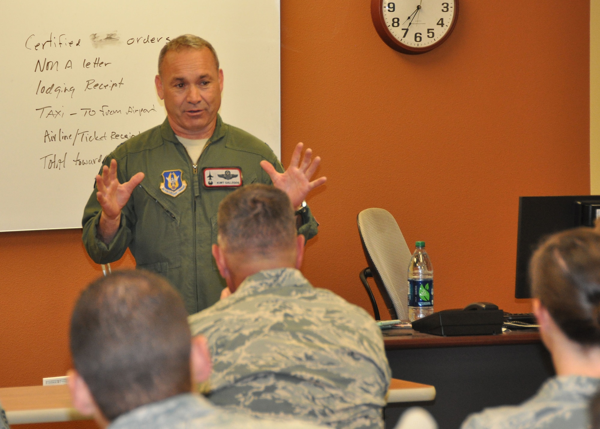 Colonel Kurt Gallegos, 944th Fighter Wing commander, speaks with the 944th Logistics Readiness Squadron members as they prepare to take off for their 2015 Annual Tour at Joint Base Elmendorf-Richardson, Alaska.   “Don’t forget who you represent.  There are three things we [Air Force Reservist] bring:  experience, continuity, and cost effectiveness.  Show them what the 944 Fighter Wing is made of, have fun, and don’t forget your wingman.”